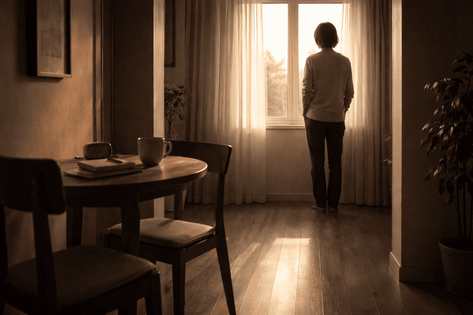 Person standing by sunlit window in cozy room