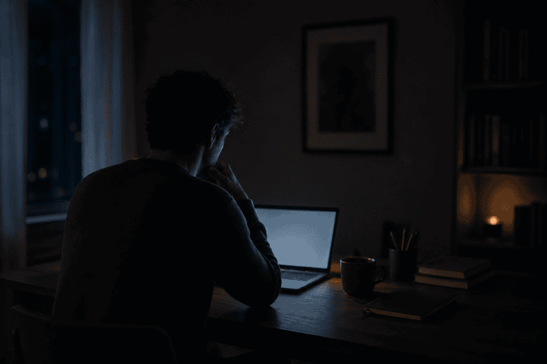 Person sitting at a desk at night, softly lit by a screen, focused in a quiet interior