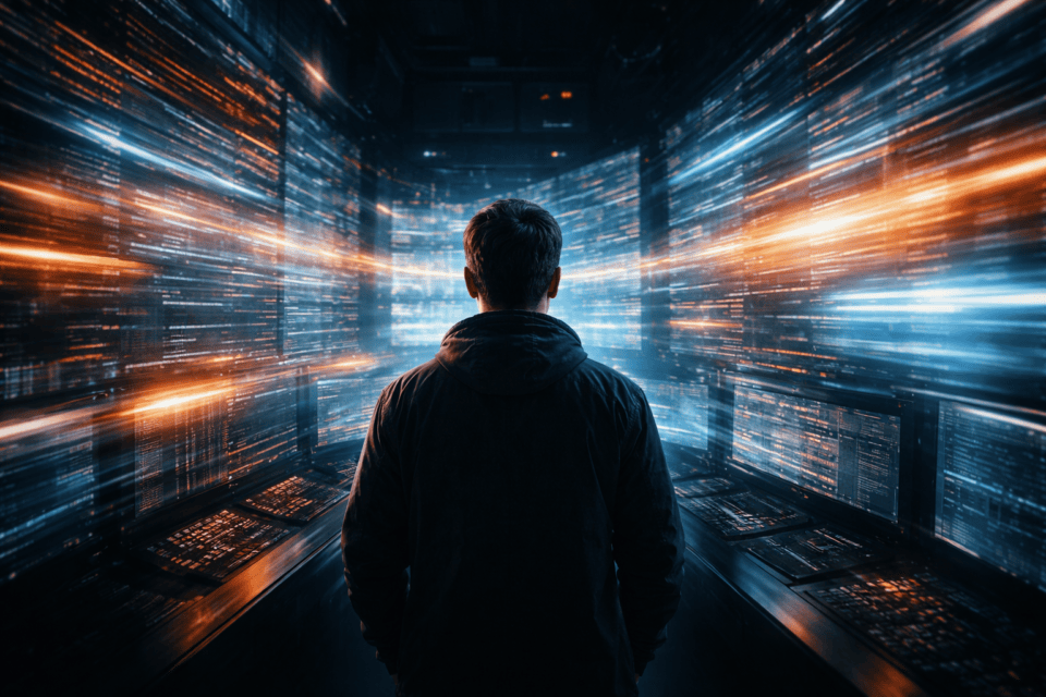 Man standing in futuristic data center with screens