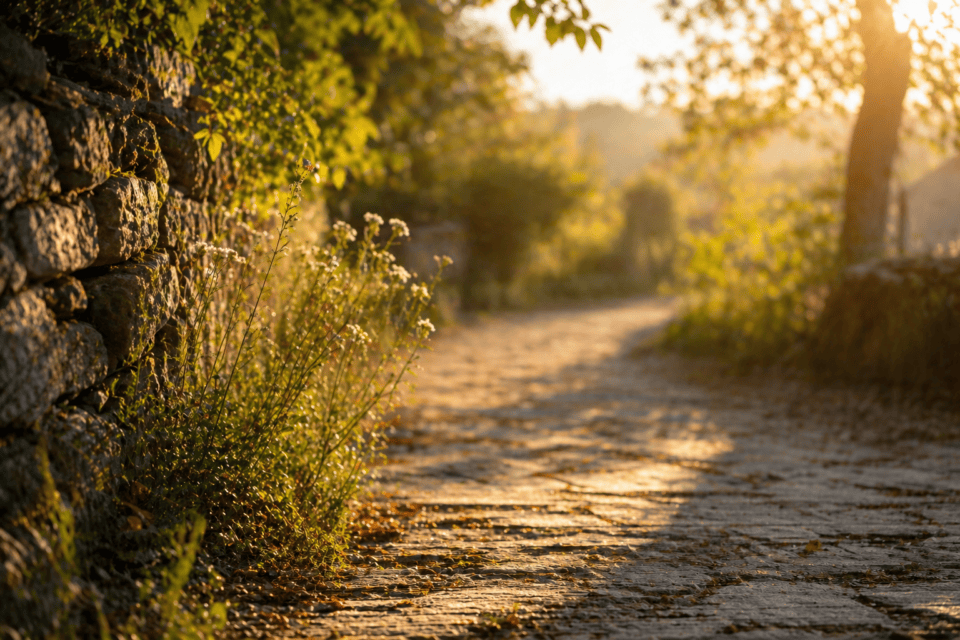 Sunlit cobblestone path beside rustic stone wall