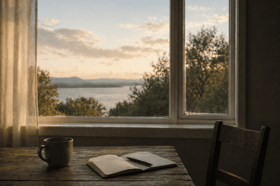 A quiet room with a wooden table, notebook, and coffee cup near a window overlooking a calm landscape in soft evening light
