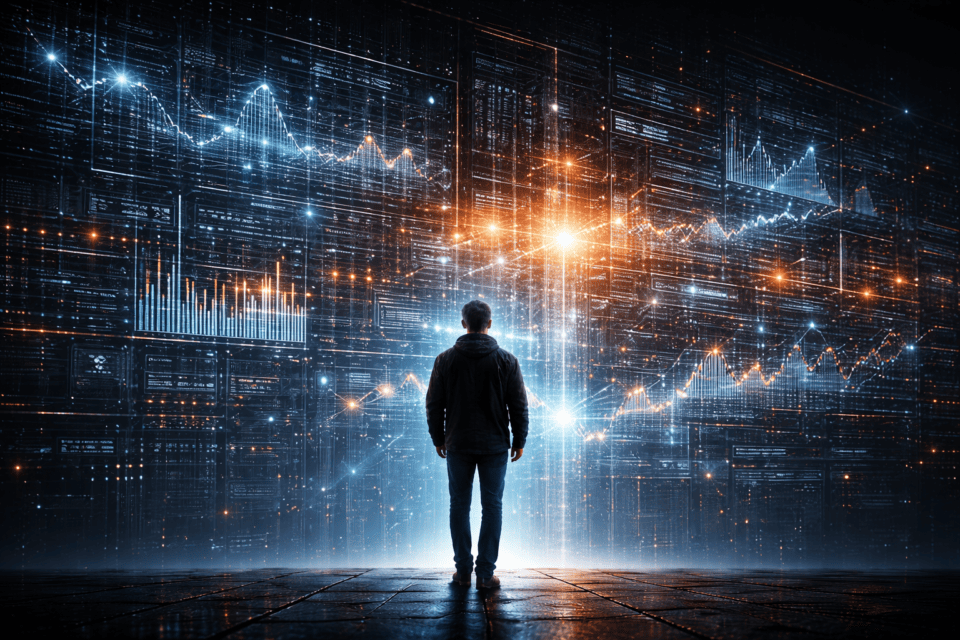 Man analyzing futuristic financial data screens