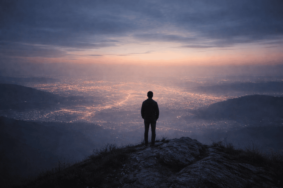 Silhouette overlooking city lights at dusk