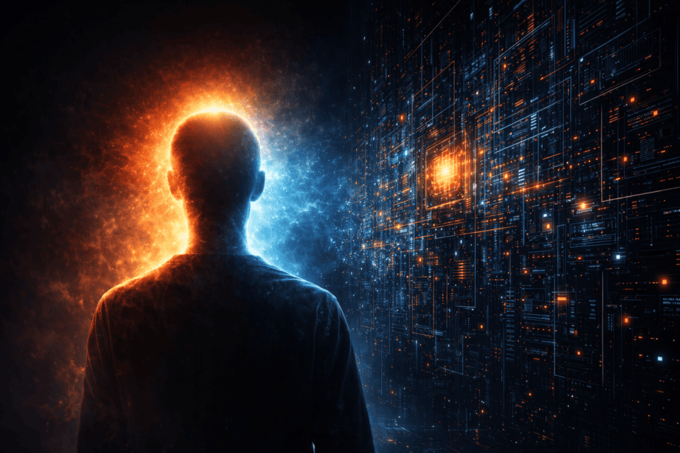 Silhouette facing glowing futuristic digital interface