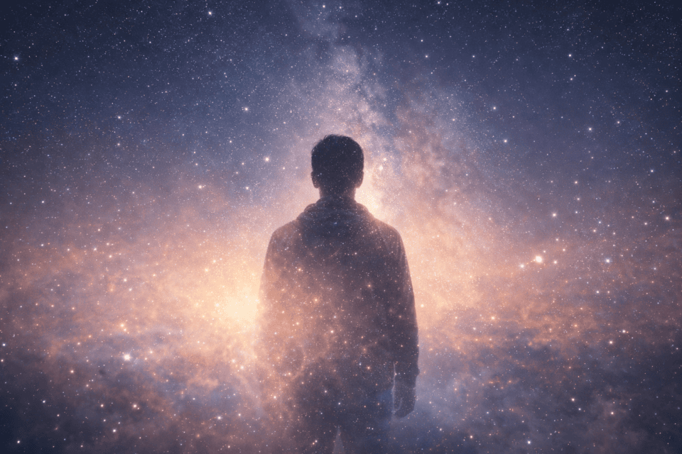 Silhouette of person against glowing Milky Way galaxy