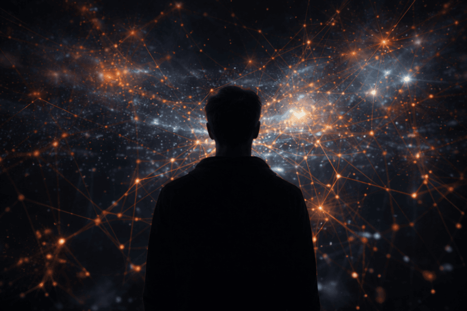 Silhouette facing glowing cosmic network connections