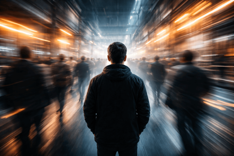 Man standing still in blurred moving crowd