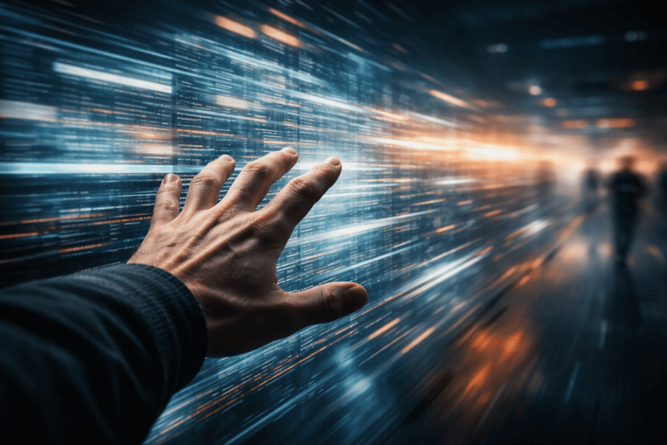 Hand reaching toward futuristic digital data stream