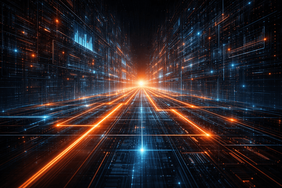 Futuristic digital corridor with glowing data lines