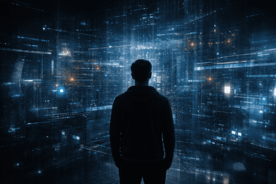 Silhouette facing futuristic digital data environment