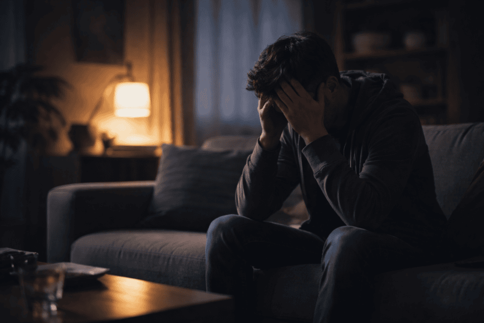 Man sitting on couch with head in hands