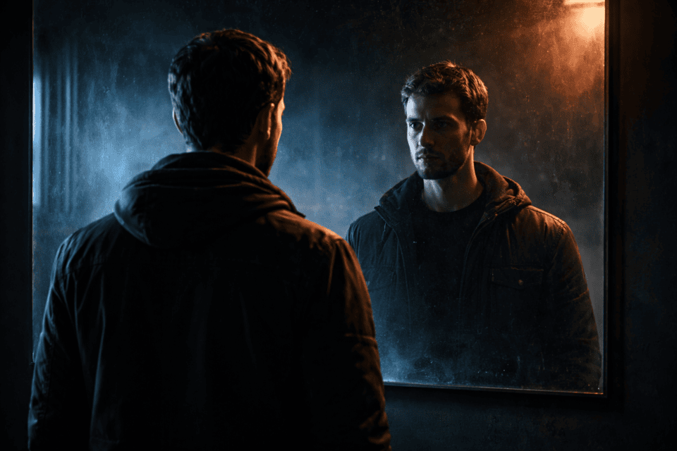 Man staring at reflection in dim mirror