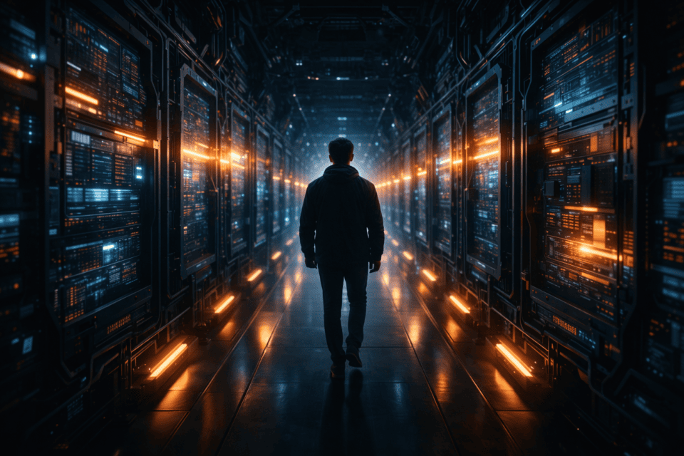 Person walking through illuminated data center servers