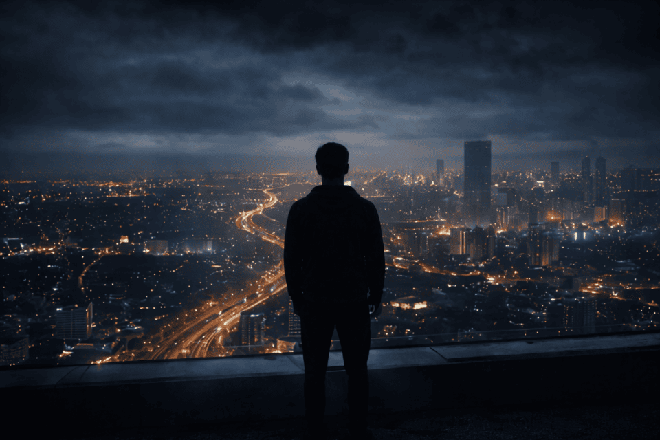 Silhouette overlooking illuminated city skyline at night