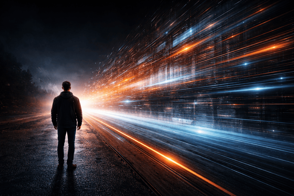 Man facing futuristic light trails at night