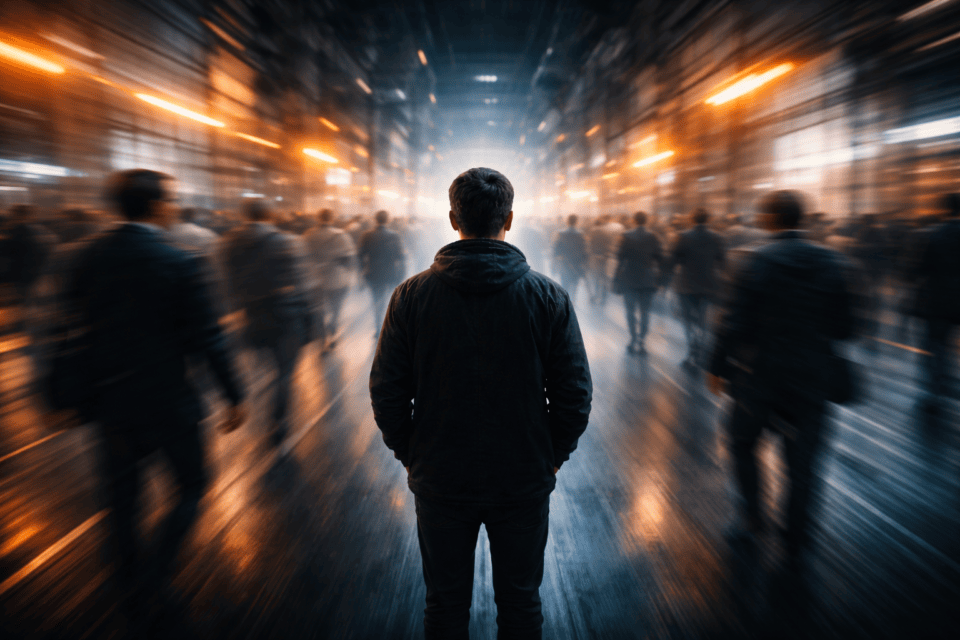 Man standing still in blurred city crowd