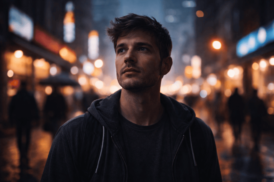 Young man in city at night lights