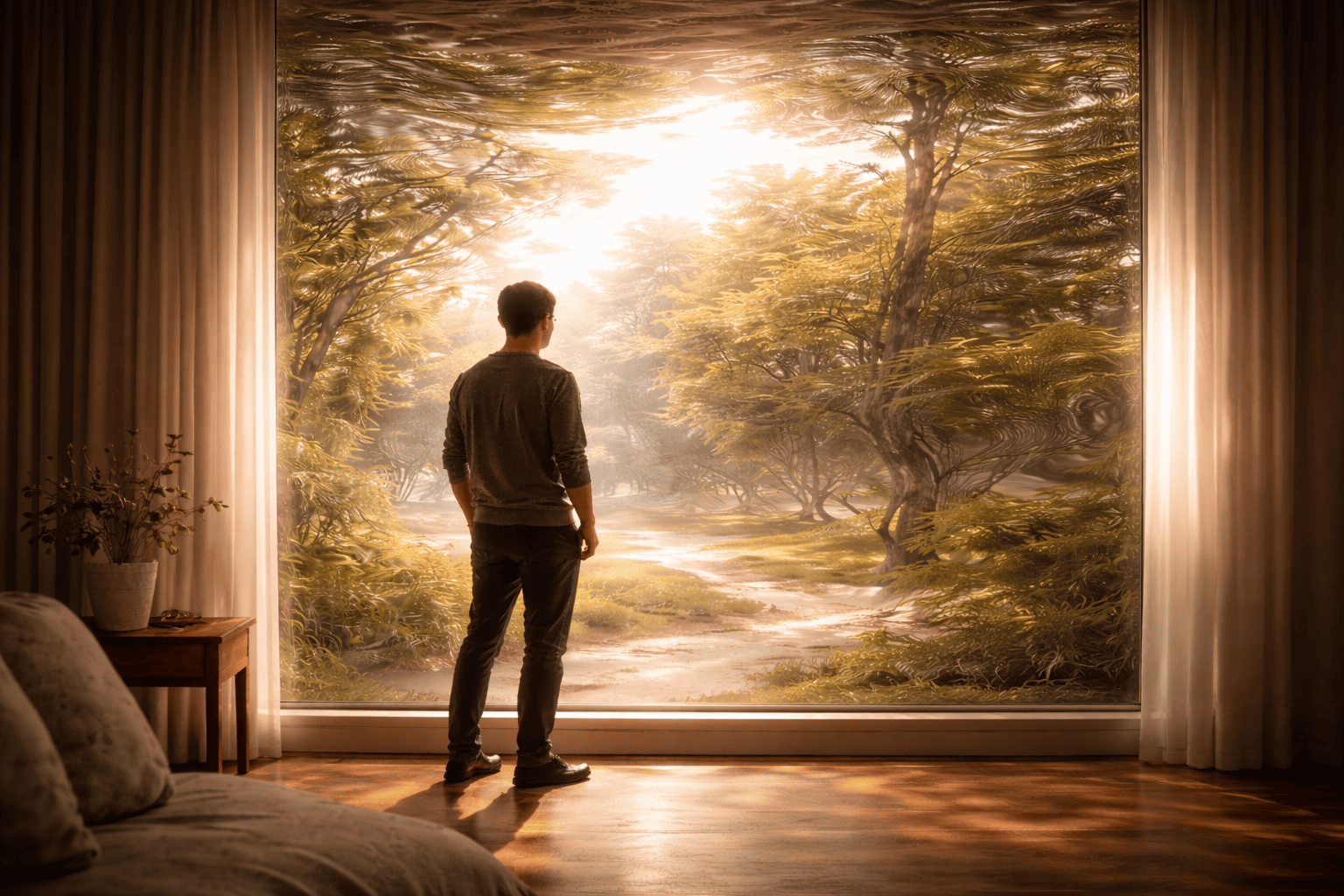 nature of physical reality 01 Man gazing through window at sunlit forest