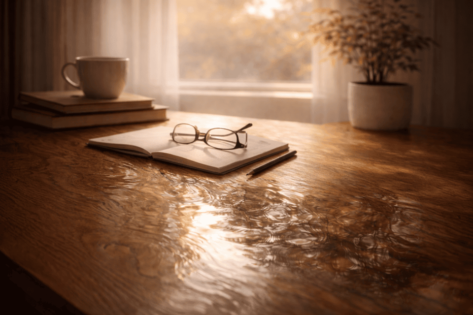 Open notebook with glasses on sunlit wooden desk