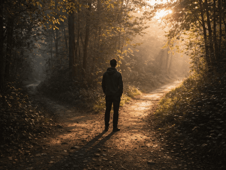 Person at forest path fork at sunrise