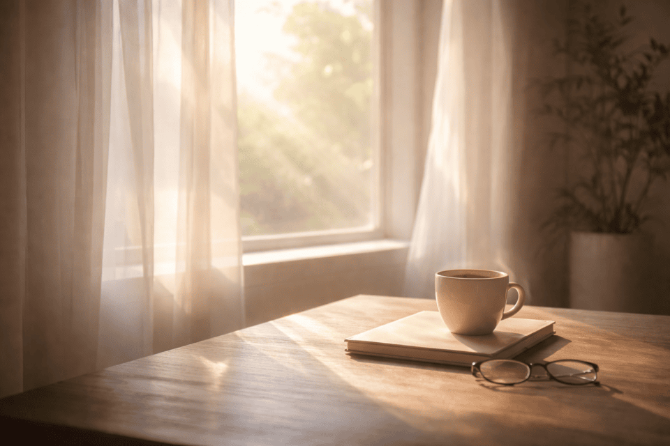 Sunlit coffee cup on table by window