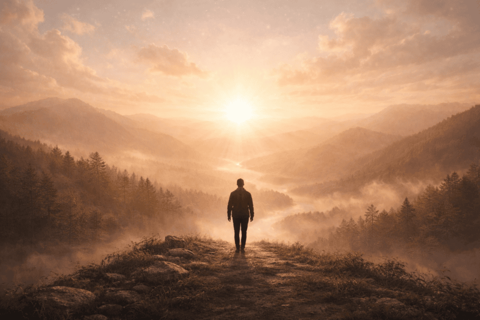 Silhouette overlooking misty mountain valley at sunrise