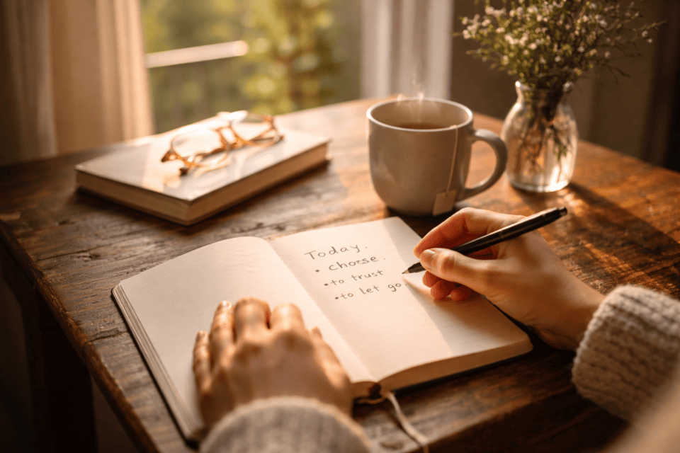 Person writing intentions in journal beside coffee