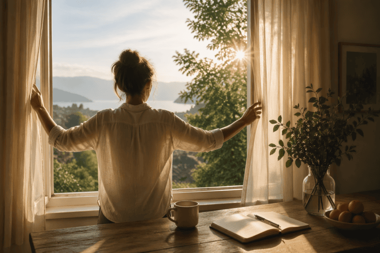 Woman opening curtains to sunrise mountain view