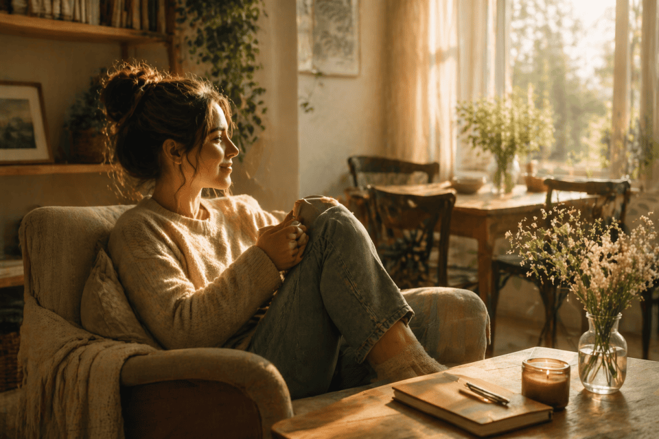 Woman relaxing with coffee in sunlit living room