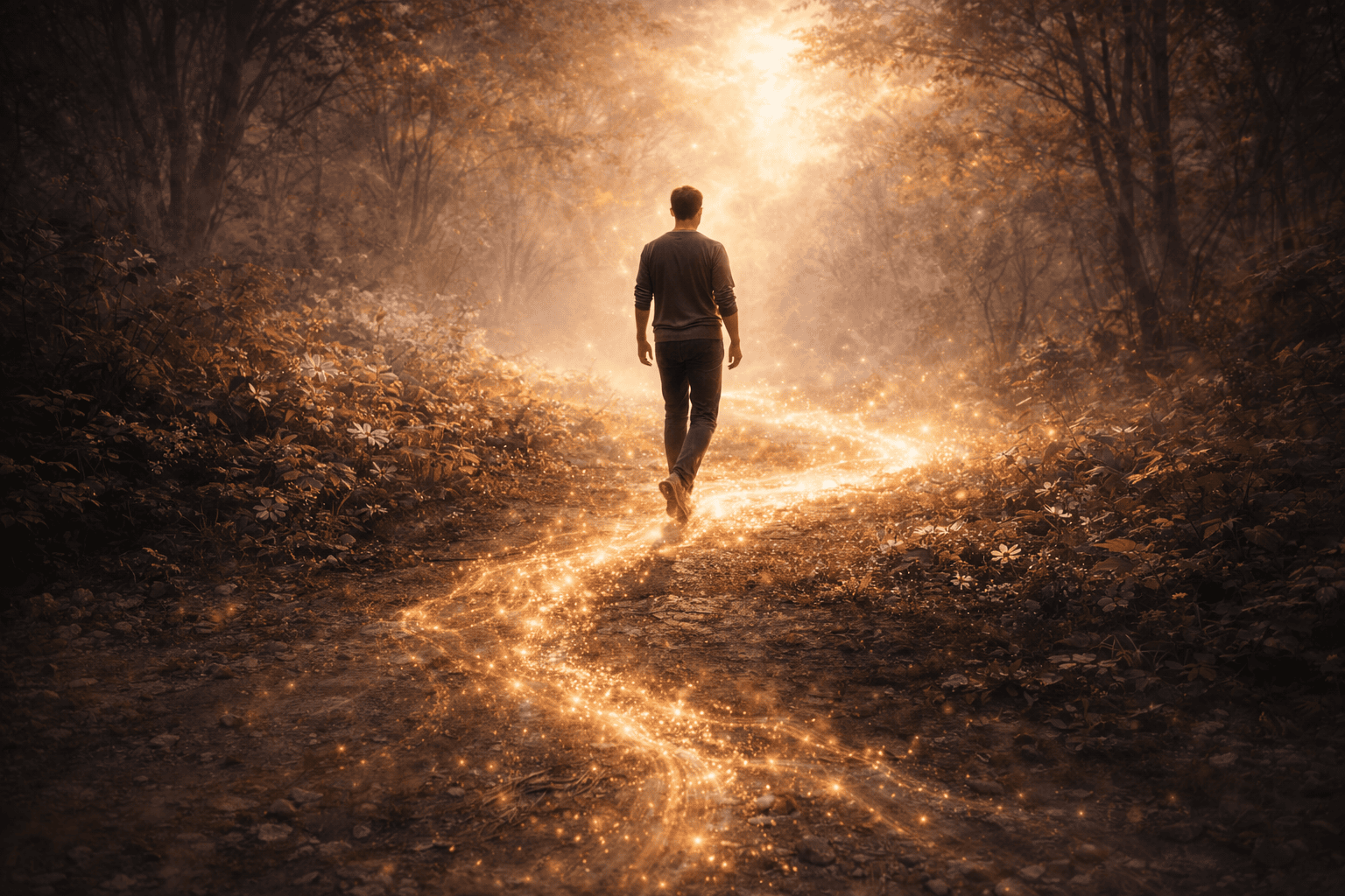 the meaning of life 01a Man walking along glowing forest path at sunset