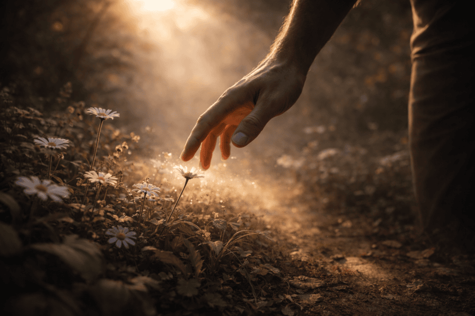Hand reaching toward daisies on sunlit forest path