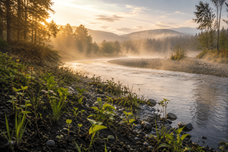 Morning river landscape with mist, wet earth, and new growth emerging in soft dawn light