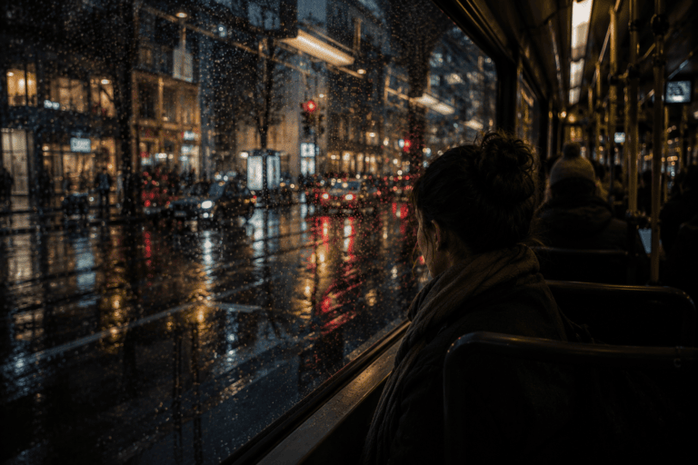 Woman inside a rainy tram at night with layered city reflections and blurred lights