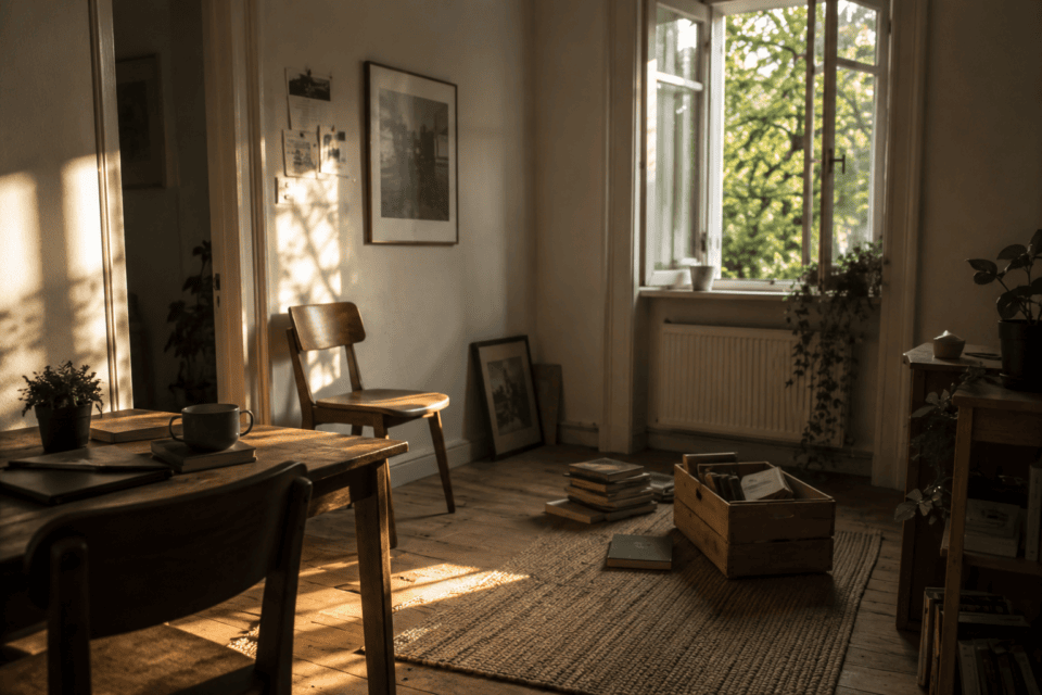 Quiet interior room in warm evening light with signs of subtle change and rearrangement