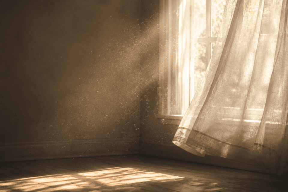 Dust floating in warm sunlight beside a softly moving curtain in a quiet room