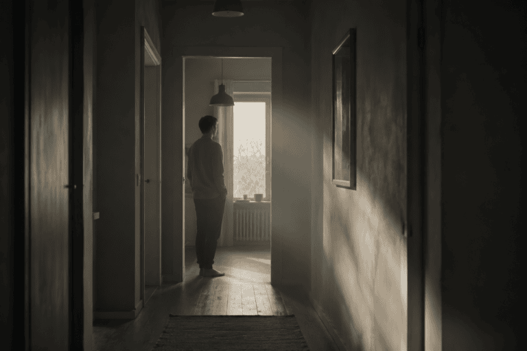 Person standing in a softly lit apartment hallway with warm natural light entering from a distant room