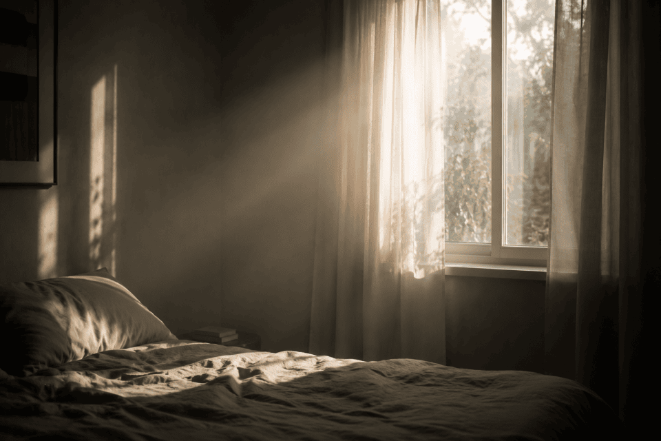 Soft morning light entering a quiet bedroom with lightly rumpled bedding and sheer curtains