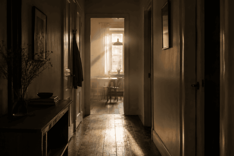 Quiet apartment hallway with soft morning light entering from a distant room