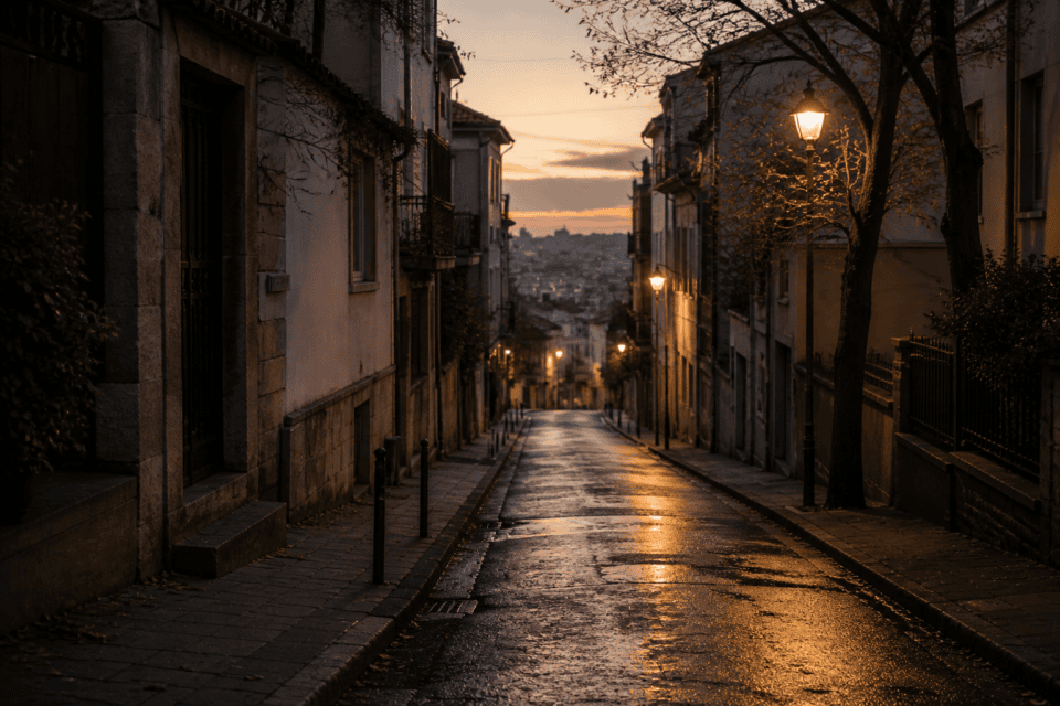 Quiet residential street at dusk with wet pavement and soft reflected light