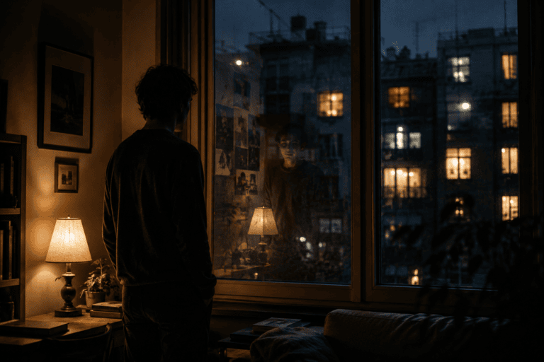 A person standing near a window at night while reflections and warm interior light create a layered sense of memory, presence, and continuity.