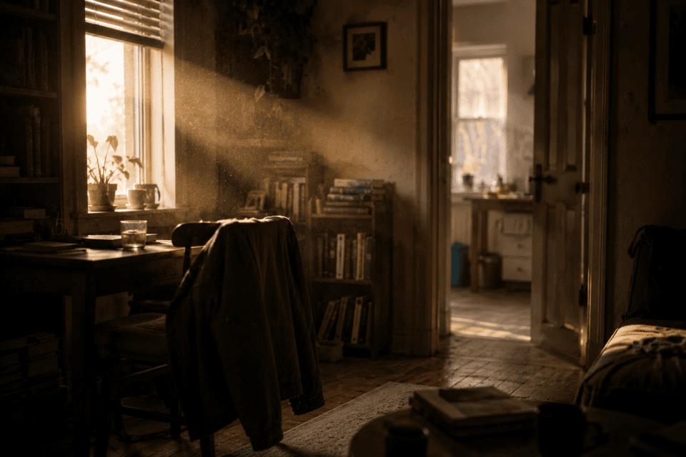 Warm afternoon light and floating dust inside a lived-in room with a jacket over a chair and an open doorway beyond.