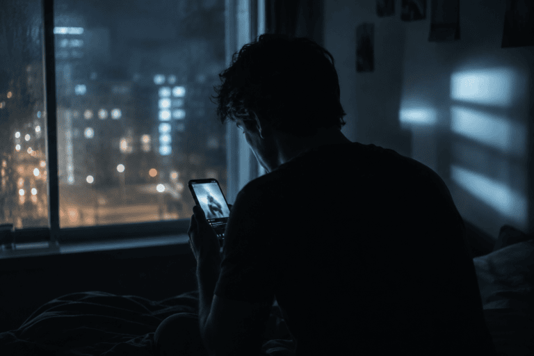 A person sitting alone at night in cool blue light, looking at a glowing phone while uncertainty and isolation fill the room.