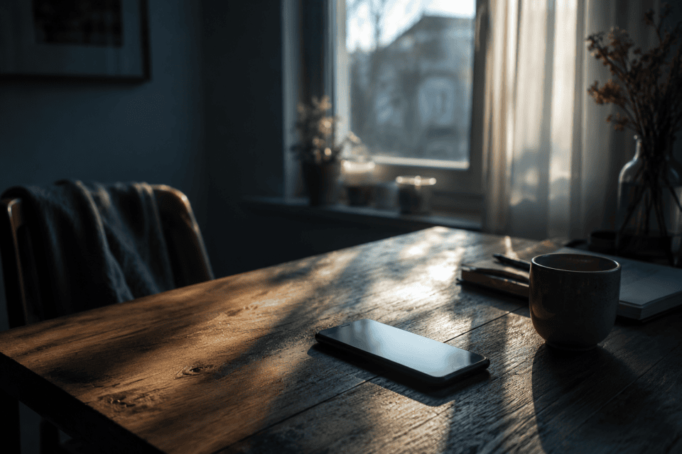 A smartphone lying unused on a wooden table in soft morning light inside a quiet room.