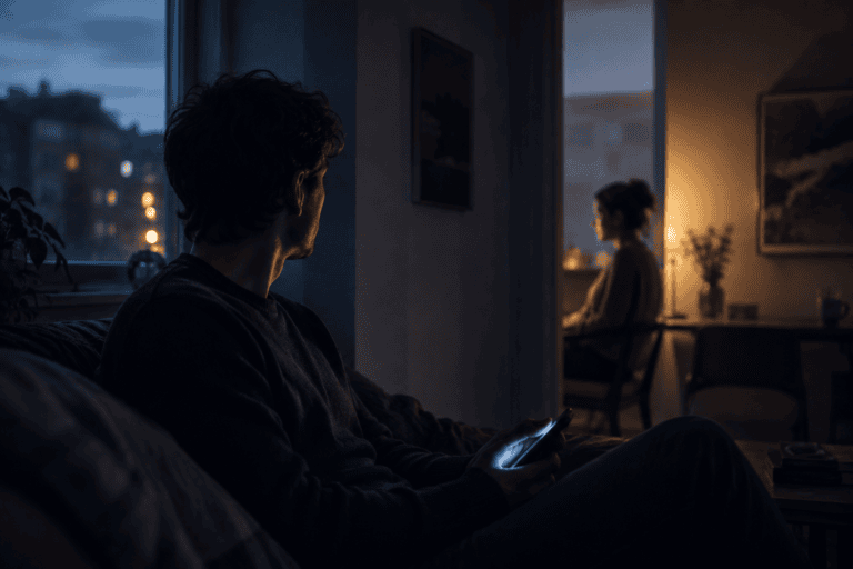 A person sitting in dim evening light inside a quiet apartment while another person remains softly present in the background.