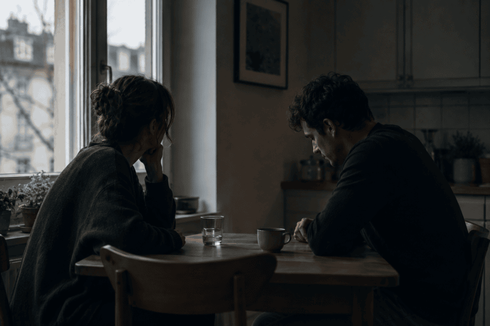 Two people sitting quietly together in a softly lit kitchen during evening silence.