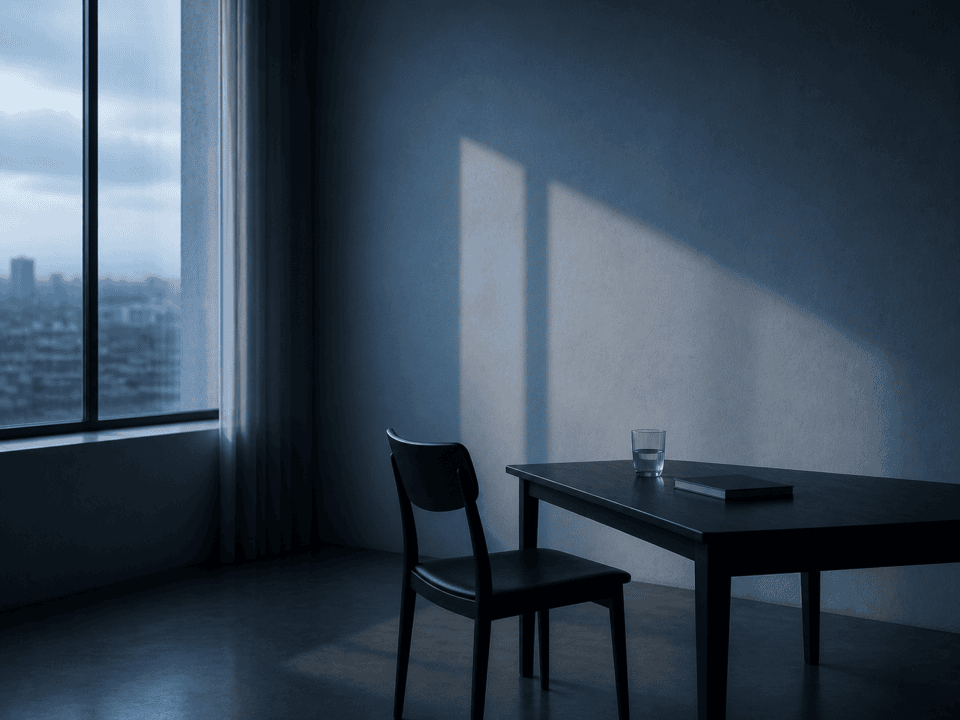 Minimalist interior with empty chair and table in cool blue light, suggesting absence and stillness