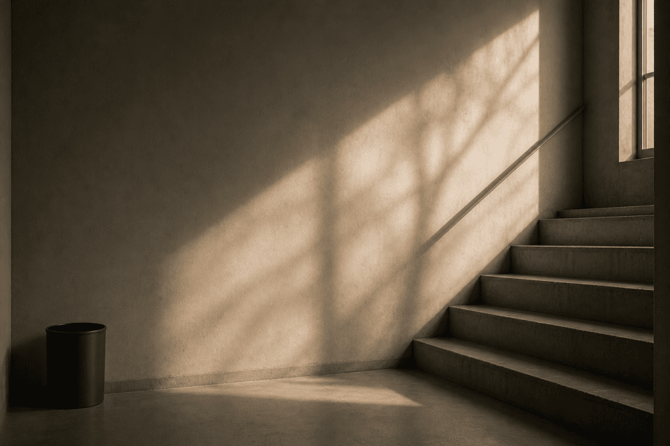 Minimalist stairwell with soft natural light and a small bin in an otherwise empty space