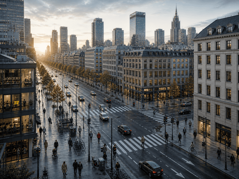 Early morning city intersection with calm traffic flow and pedestrians, showing order within complexity