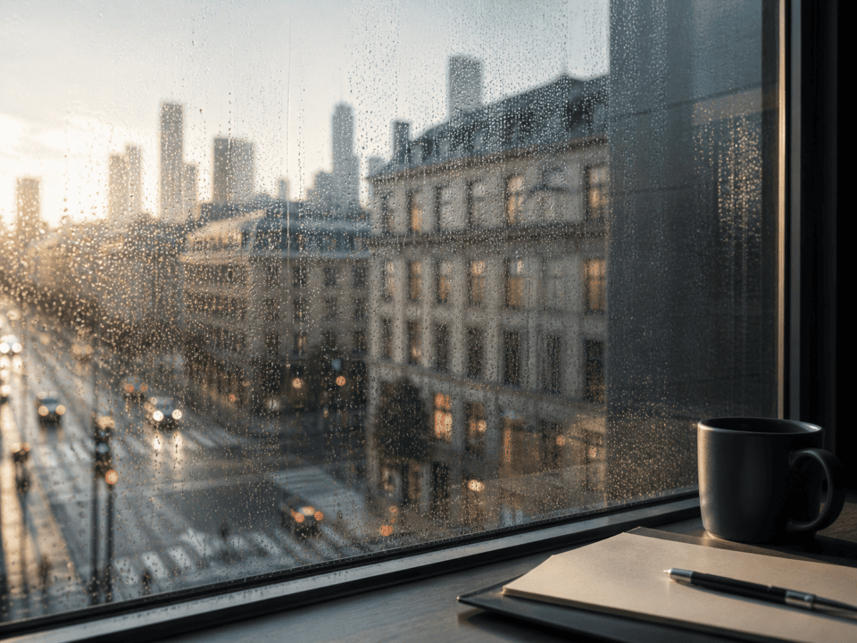 View through a rain-speckled window onto a city street, with soft light and layered perspective